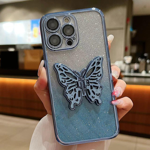 For iPhone 15 Pro Max Electroplated Gradient Glitter 3D Butterfly TPU Phone Case(Gradient Blue)