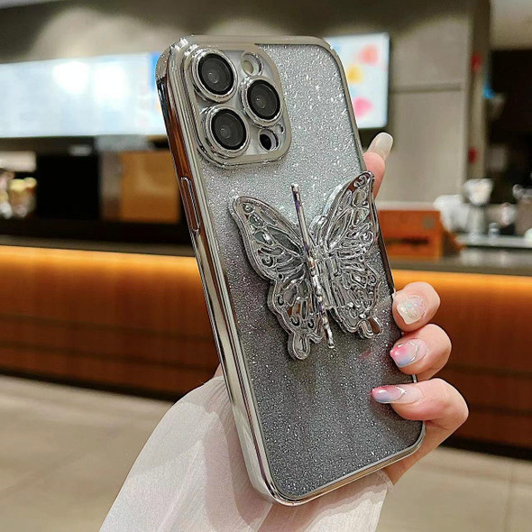 For iPhone 14 Plus Electroplated Gradient Glitter 3D Butterfly TPU Phone Case(Gradient Silver)