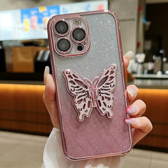 For iPhone 13 Pro Max Electroplated Gradient Glitter 3D Butterfly TPU Phone Case(Gradient Pink)