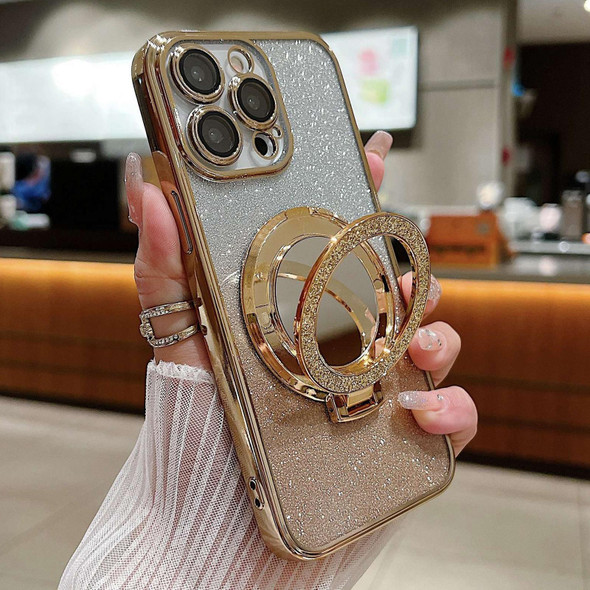 For iPhone 14 Pro Plated Mirror Holder Gradient Glitter Magsafe Phone Case(Gold)