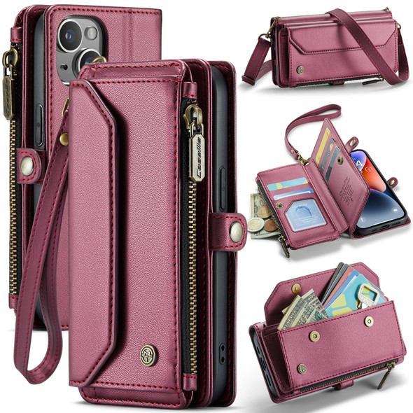 For iPhone 14 Plus CaseMe C36 Card Slots Zipper Wallet RFID Anti-theft Leather Phone Case(Wine Red)