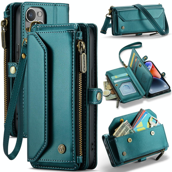 For iPhone 14 CaseMe C36 Card Slots Zipper Wallet RFID Anti-theft Leather Phone Case(Blue-green)