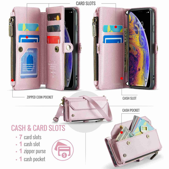 For iPhone XS / X CaseMe C36 Card Slots Zipper Wallet RFID Anti-theft Leather Phone Case(Pink)