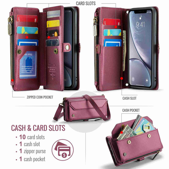 For iPhone XR CaseMe C36 Card Slots Zipper Wallet RFID Anti-theft Leather Phone Case(Wine Red)