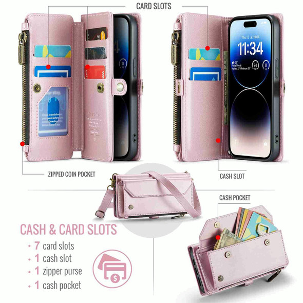 For iPhone 14 Pro CaseMe C36 Card Slots Zipper Wallet RFID Anti-theft Leather Phone Case(Pink)