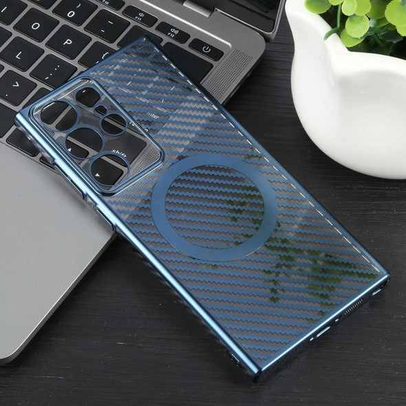 For Samsung Galaxy S22 Ultra 5G 6D Plated Carbon Fiber Clear Magsafe PC Phone Case(Dream Blue)