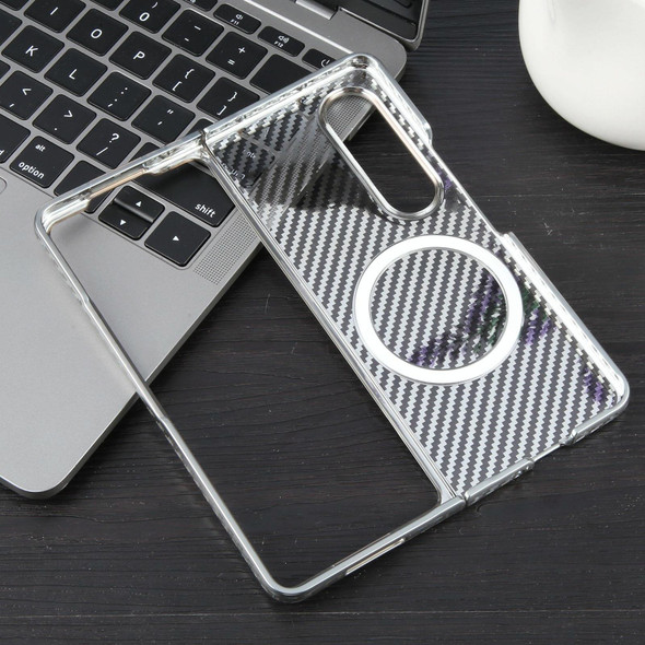 For Samsung Galaxy Z Fold4 6D Plated Carbon Fiber Clear Magsafe PC Phone Case(Starlight Silver)