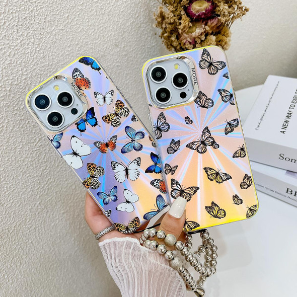 For iPhone 15 Pro Electroplating Laser Butterfly Phone Case with Wrist Strap(Black Butterflies AB5)