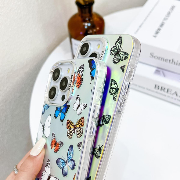 For iPhone 14 Electroplating Laser Butterfly Phone Case with Wrist Strap(White Purple Butterflies AB6)