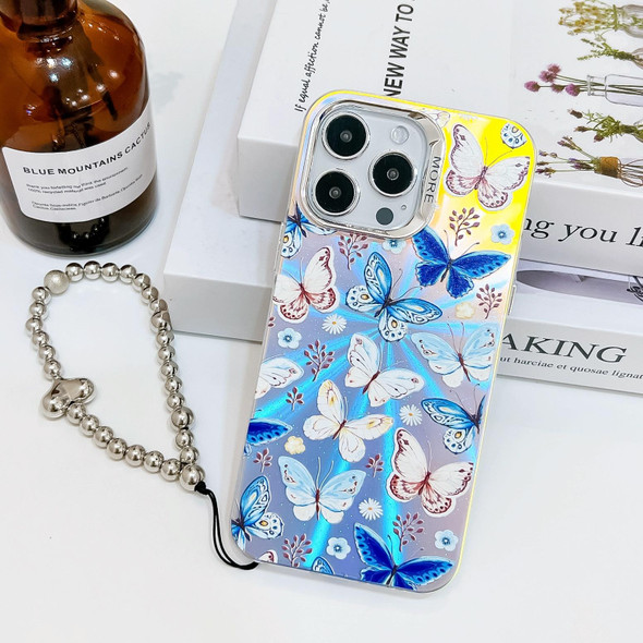 For iPhone 13 Pro Max Electroplating Laser Butterfly Phone Case with Wrist Strap(Blue Butterflies AB4)
