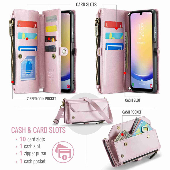 For Samsung Galaxy A25 CaseMe C36 Card Slots Zipper Wallet RFID Anti-theft Leather Phone Case(Pink)