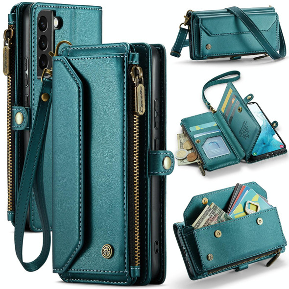 For Samsung Galaxy S22 5G CaseMe C36 Card Slots Zipper Wallet RFID Anti-theft Leather Phone Case(Blue-green)