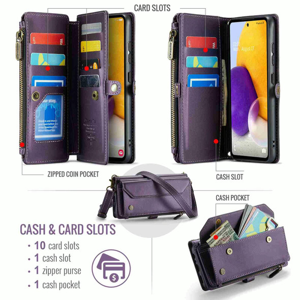For Samsung Galaxy A72 CaseMe C36 Card Slots Zipper Wallet RFID Anti-theft Leather Phone Case(Purple)