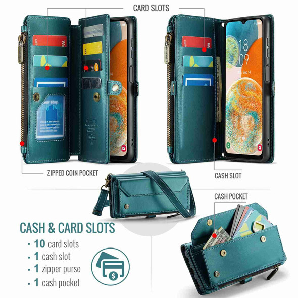 For Samsung Galaxy A23 CaseMe C36 Card Slots Zipper Wallet RFID Anti-theft Leather Phone Case(Blue-green)