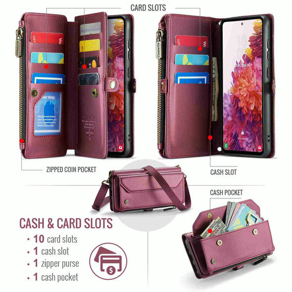 For Samsung Galaxy S20 FE CaseMe C36 Card Slots Zipper Wallet RFID Anti-theft Leather Phone Case(Wine Red)