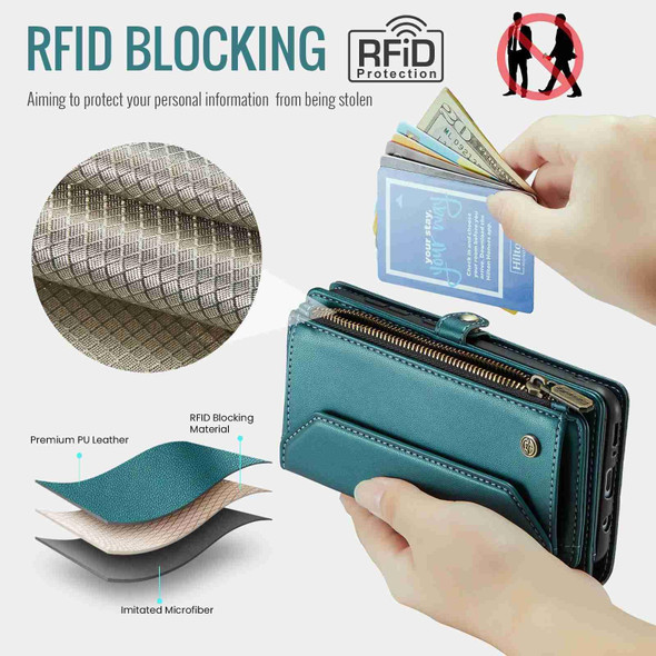For Samsung Galaxy A30s / A50s / A50 CaseMe C36 Card Slots Zipper Wallet RFID Anti-theft Leather Phone Case(Blue-green)