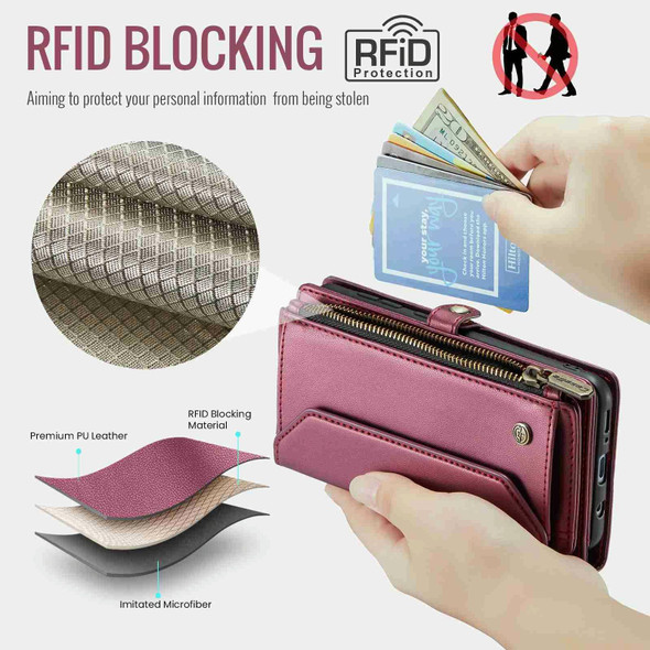 For Samsung Galaxy A30s / A50s / A50 CaseMe C36 Card Slots Zipper Wallet RFID Anti-theft Leather Phone Case(Wine Red)