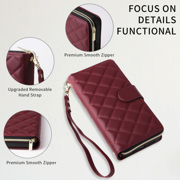 For iPhone 15 Pro Crossbody Rhombic Zipper Tower Buckle Leather Phone Case with Lanyard(Wine Red)