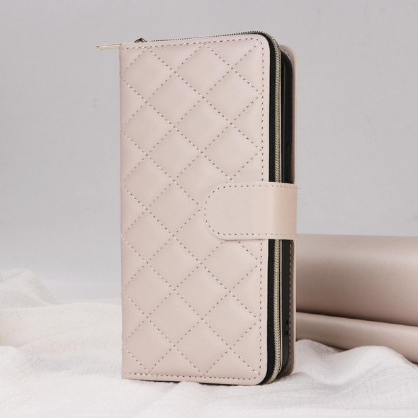 For iPhone 15 Crossbody Rhombic Zipper Tower Buckle Leather Phone Case with Lanyard(Beige)