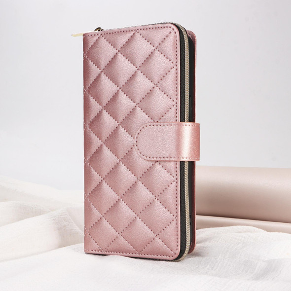 For iPhone 15 Plus / 14 Plus Crossbody Rhombic Zipper Tower Buckle Leather Phone Case with Lanyard(Rose Gold)