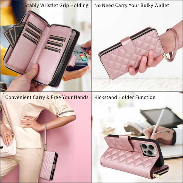 For iPhone 13 Pro Crossbody Rhombic Zipper Tower Buckle Leather Phone Case with Lanyard(Rose Gold)