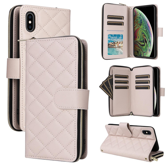 For iPhone XS Max Crossbody Rhombic Zipper Tower Buckle Leather Phone Case with Lanyard(Beige)