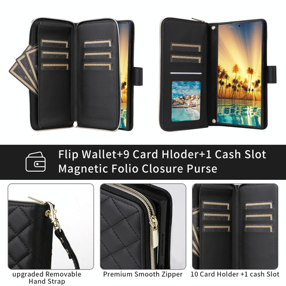 For Samsung Galaxy S22 Ultra 5G Crossbody Rhombic Zipper Tower Buckle Leather Phone Case with Lanyard(Black)