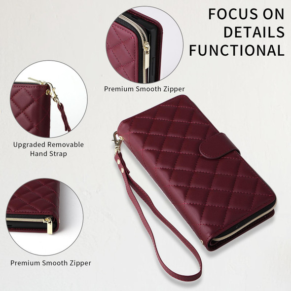 For Samsung Galaxy S24 5G Crossbody Rhombic Zipper Tower Buckle Leather Phone Case with Lanyard(Wine Red)