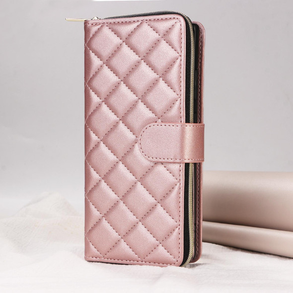 For Samsung Galaxy S22 Ultra 5G Crossbody Rhombic Zipper Tower Buckle Leather Phone Case with Lanyard(Rose Gold)