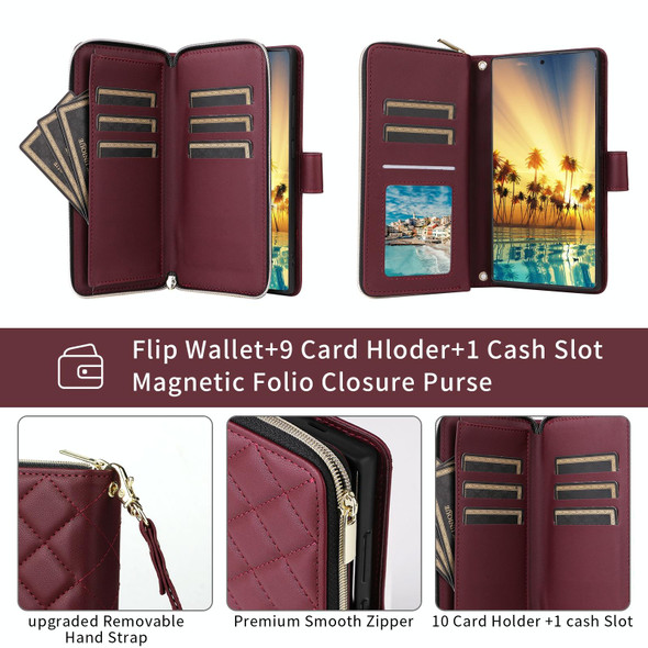 For Samsung Galaxy S22 5G Crossbody Rhombic Zipper Tower Buckle Leather Phone Case with Lanyard(Wine Red)