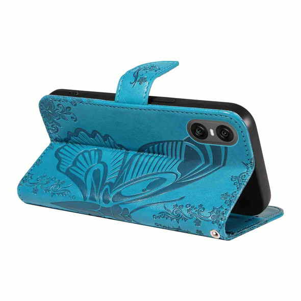 For Sony Xperia 10 VI 2024 Swallowtail Butterfly Embossed Leather Phone Case(Blue)