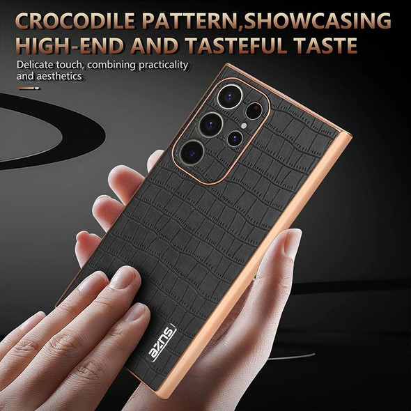 For Samsung Galaxy S22 Ultra 5G AZNS Electroplated Frame Crocodile Texture Full Coverage Phone Case(Brown)