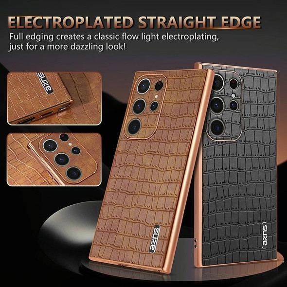 For Samsung Galaxy S22 Ultra 5G AZNS Electroplated Frame Crocodile Texture Full Coverage Phone Case(Brown)