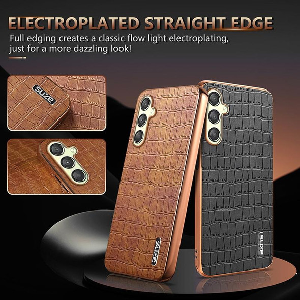 For Samsung Galaxy A14 AZNS Electroplated Frame Crocodile Texture Full Coverage Phone Case(Brown)