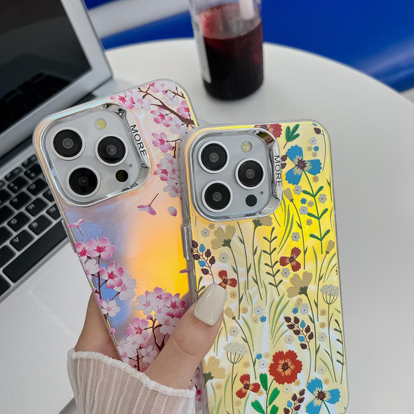For iPhone 15 Pro Max Electroplating Laser Flower Texture TPU Phone Case(White Flower AH10)