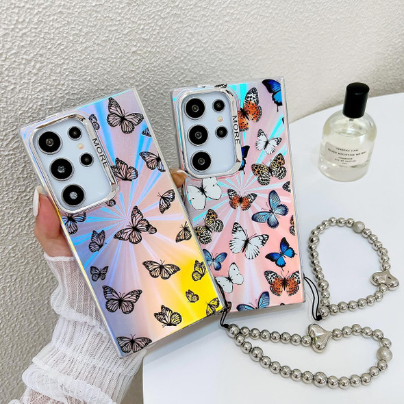 For Samsung Galaxy S23+ 5G Electroplating Laser Butterfly Phone Case with Wrist Strap(White Purple Butterflies AB6)
