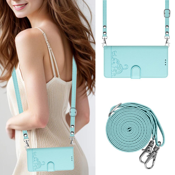 For ZTE Blade A73 5G Cat Rat Embossed Pattern RFID Leather Phone Case with Lanyard(Mint Green)