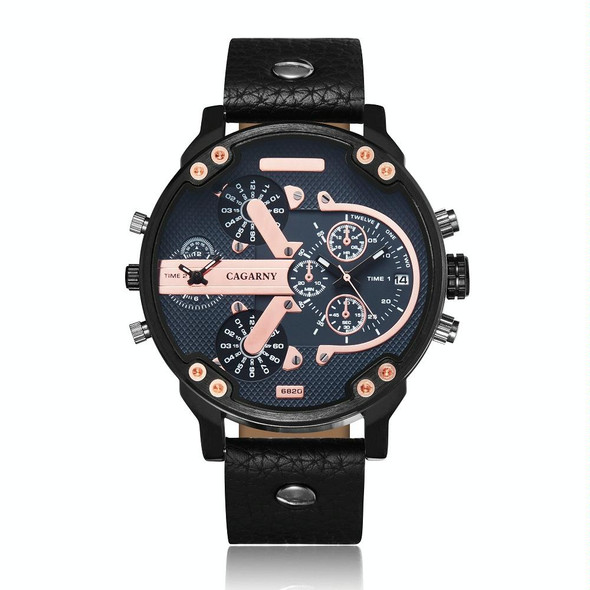 CAGARNY 6820 Round Large Dial Leatherette Band Quartz Dual Movement Watch - Men(Black Shell Black Between Rose Gold Black Band)