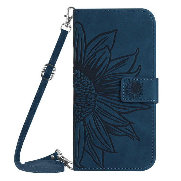 For iPhone 16 Pro Skin Feel Sun Flower Embossed Flip Leather Phone Case with Lanyard(Inky Blue)