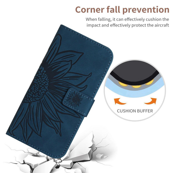 For iPhone 16 Skin Feel Sun Flower Embossed Flip Leather Phone Case with Lanyard(Inky Blue)