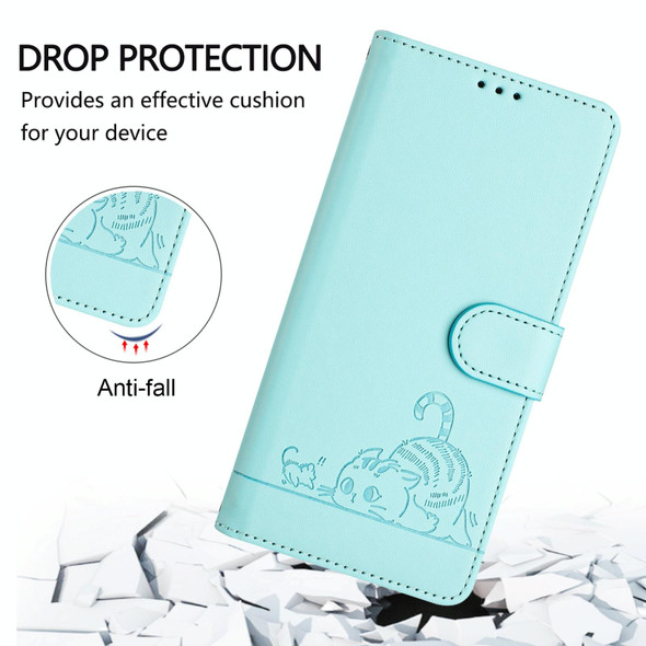 For iPhone 12 Pro / 12 Cat Rat Embossed Pattern RFID PU Phone Case with Wrist Strap(Mint Green)