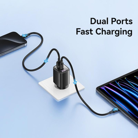 USAMS CC229 30W USB+USB-C / Type-C Dual Port GaN Digital Display Charger, Specifications: EU Plug(Black)