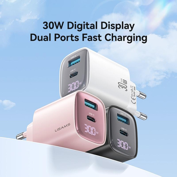 USAMS CC229 30W USB+USB-C / Type-C Dual Port GaN Digital Display Charger, Specifications: EU Plug(Black)