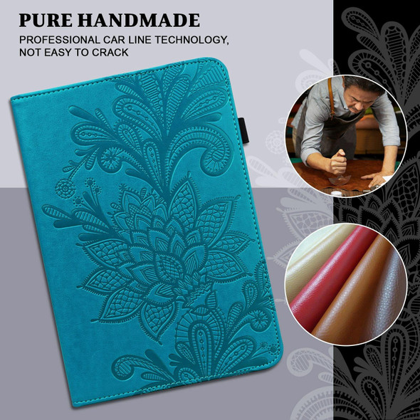 Lace Flower Embossing Pattern Horizontal Flip Leather Case with Holder & Card Slots & Wallet & Photo Frame & Sleep / Wake-up Function - Amazon Kindle Fire HD 8 2020 / HD 8 Plus 2020(Blue)