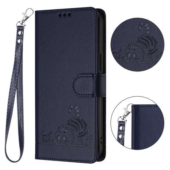 For Samsung Galaxy S20 FE 5G Cat Rat Embossed Pattern RFID PU Phone Case with Wrist Strap(Blue)