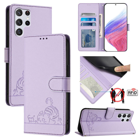 For Samsung Galax S22 Ultra Cat Rat Embossed Pattern RFID PU Phone Case with Wrist Strap(Purple)