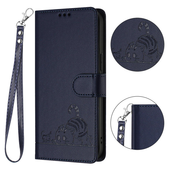 For Samsung Galaxy A72 4G Cat Rat Embossed Pattern RFID PU Phone Case with Wrist Strap(Blue)