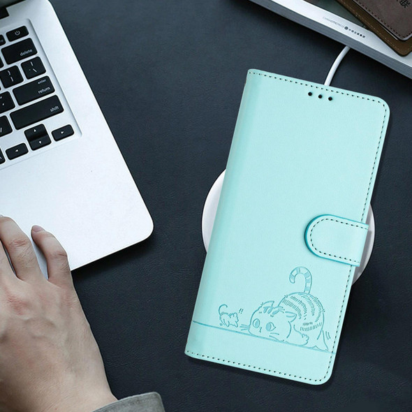For Samsung Galax S22 Ultra Cat Rat Embossed Pattern RFID PU Phone Case with Wrist Strap(Mint Green)