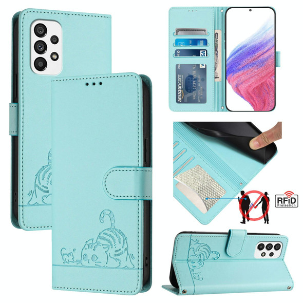 For Samsung Galaxy A73 5G Cat Rat Embossed Pattern RFID PU Phone Case with Wrist Strap(Mint Green)