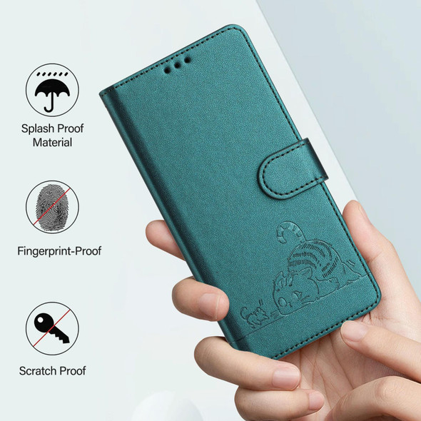 For Samsung Galax S22 Cat Rat Embossed Pattern RFID PU Phone Case with Wrist Strap(Peacock Green)